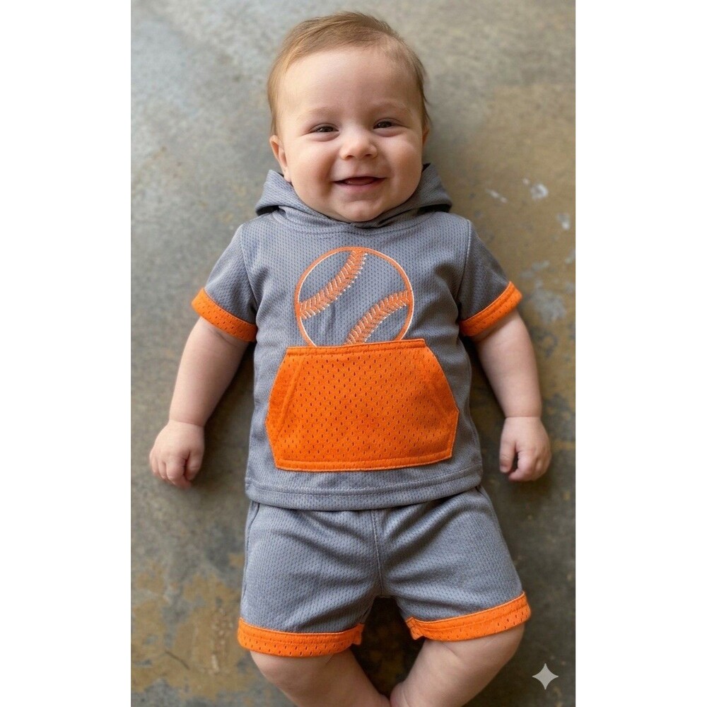 Athletic Works Infant Hoodie & Shorts w Baseball Graphic 3-6 mths Gray & Orange